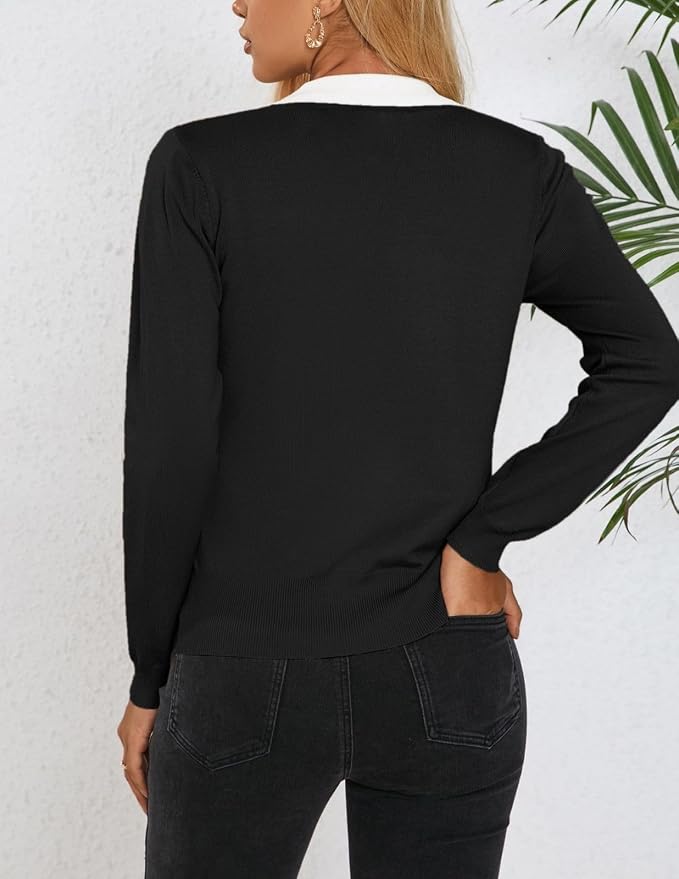 Women's Long Sleeve Classic V Neck Casual Fall Winter Polo Sweater Tops | Basic Collared Knitted Fashion Work Business Formal Daily Wear Versatile Pullover Shirts