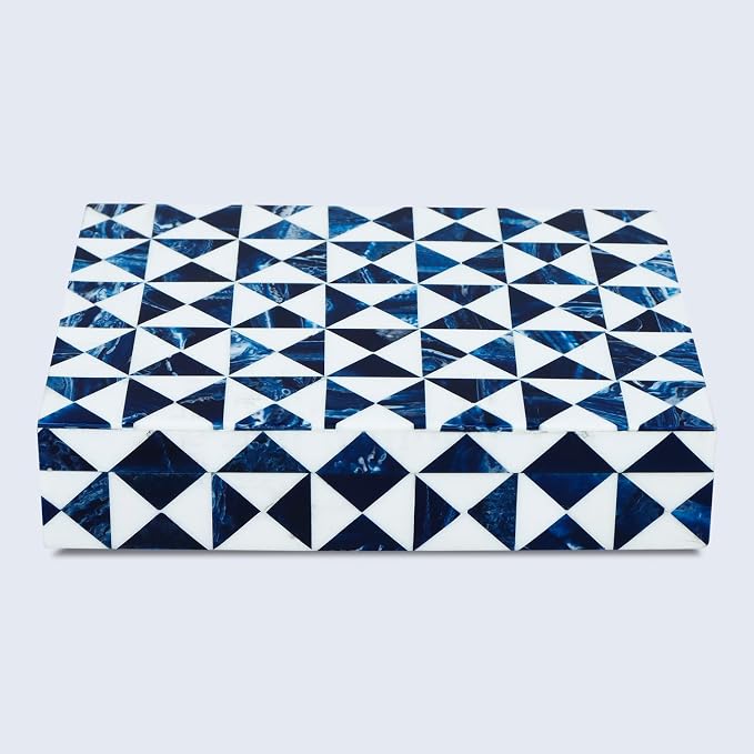 Handicrafts Home Blue and White Decorative Storage Box with Lid – Slim Decorative Storage Box, Handmade Resin Inlay Wooden Box, Remote Holder, Desk Organizer, Small Keepsake Box- 5x7x1.5