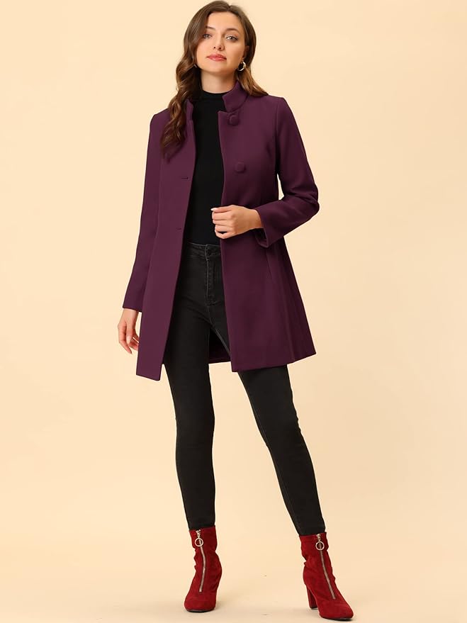 Allegra K Women's Winter Overcoat Mid-Long Stand Collar Single Breasted Coat Outerwear