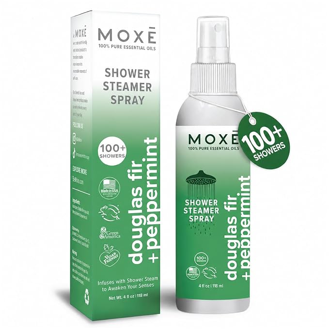 MOXE Aromatherapy Shower Spray - Douglas Fir & Peppermint, 100% Essential Oils, Made in USA, Aromatherapy, Sinus Congestion Relief, Respiratory Support, 4 Oz (1 Pack)
