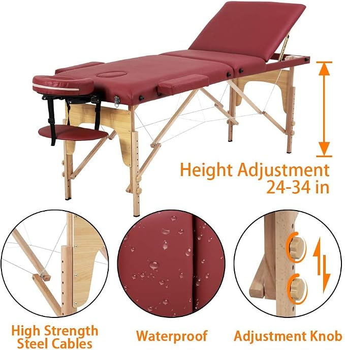 BestMassage Massage Bed Portable Massage Table 24 inch Wide Lash Bed Height Adjustable 3 Folding Spa Table with Non-Woven Bag for Spa Footmassage Facial CareSpa Tattoo