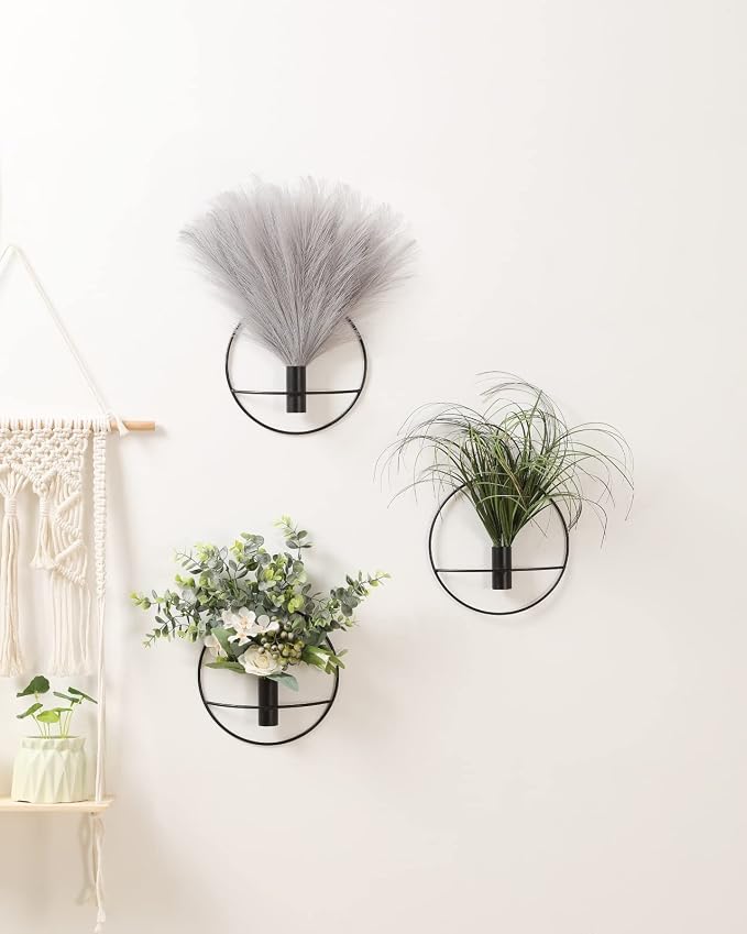 Pretty Jolly Boho Pampas Wall Decor Black Metal Wall-Mounted Art | Morden Artificial Greenery Display，2 Pack Gray Hanging Planter For Living Room, Bedroom, Bathroom, Dining room