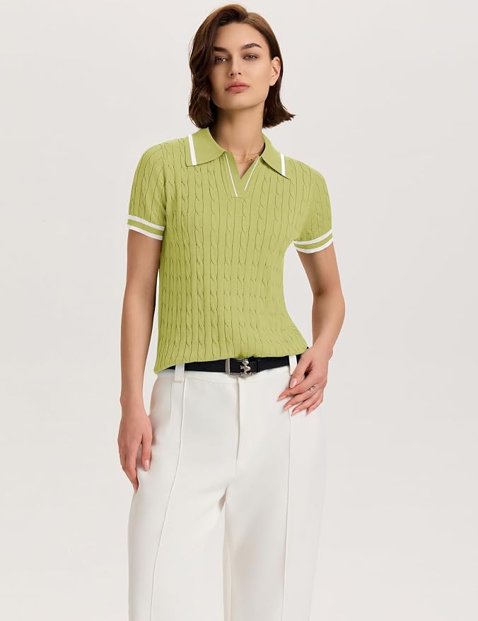 Micoson Womens Short Sleeve Sweater Tops Lapel V Neck Polo Shirts 2026 | Summer Cable Knit Loose Blouses, Business Casual Outfits
