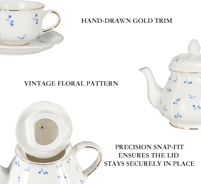 Sweejar 23 Pcs Floral Tea Sets with Metal Holder, Relief Gold Rim Porcelain Tea Sets for Adults, Cup and Saucer Set for 6, with Teapot, Sugar Bowl, Milk Jug, Spoons (Small Flower)