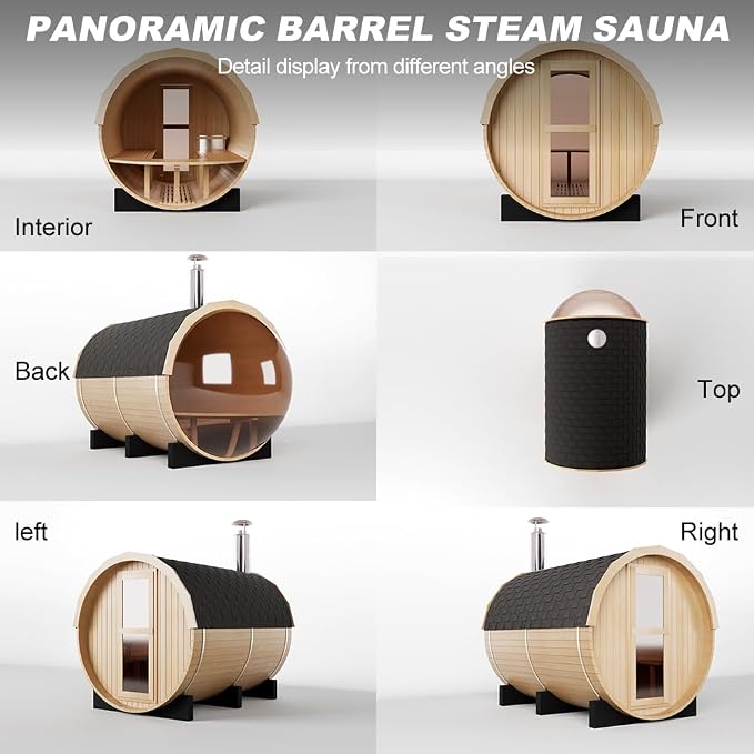 Outdoor Barrel Sauna, 4-5 Person Panoramic Saunas Room, Wood Burning Stove with Sauna Stone, Saunas Accessories and Asphalt Shingle Roof (Helmock, Wood Burning, 70.86"x74.86"x74.86"