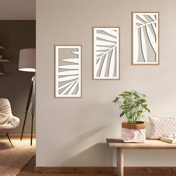 IARTTOP Tropical Palm Tree Leaf Wood Wall Art White Framed 8x16 Inch Set of 3 Hawaii Plant Leaves Wooden Wall Decor Minimalist Boho Artwork for Living room Bedroom Office