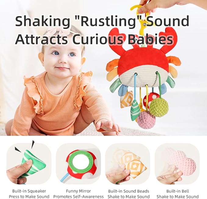 Crab Car Seat & Stroller Toy for Babies 0-12 Months, Sensory Hanging Toy with Rattle, Mirror, Squeaker, BPA-Free Pull Strings, Fine Motor Skills Baby Gift for Newborn Infant Boy Girl