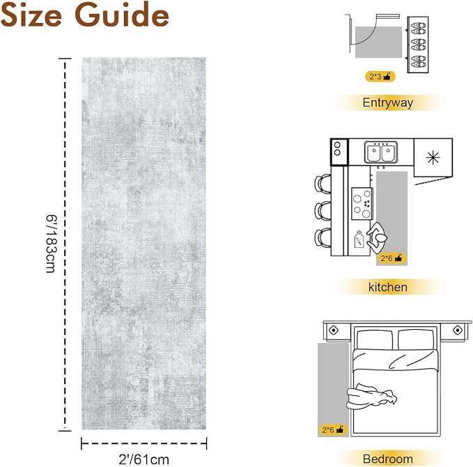 2x6 Ft Washable Runner Rug, Non-Slip Low Pile Hallway Kitchen Area Rug, Soft Long Entryway Floor Mat Abstract Pattern Carpet for Bedside & High-Traffic Areas (Grey)