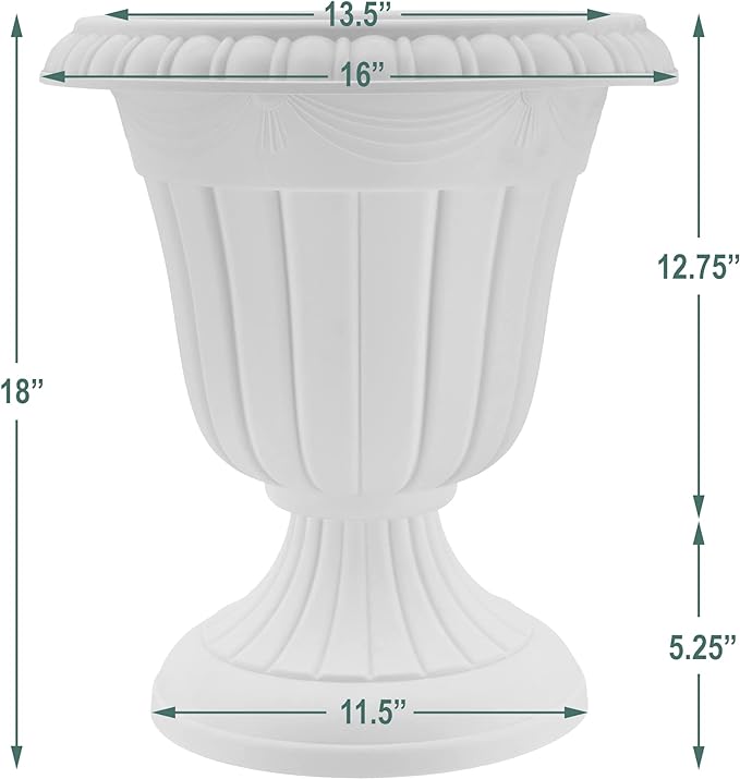 Arcadia Garden Products PL00BK Classic Traditional Plastic Urn Planter, 16” x 18”, Black