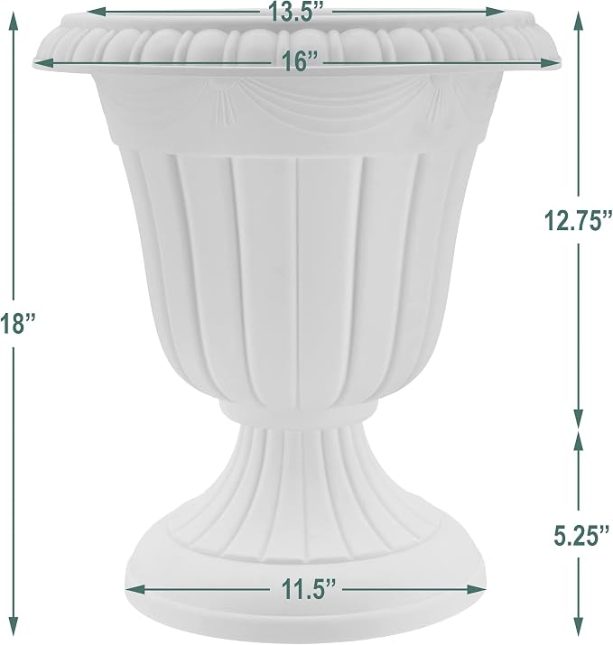 Arcadia Garden Products PL00SL Classic Traditional Plastic Urn Planter, Indoor/Outdoor Garden Plant Pot Garden Décor, 16” x 18”, Brushed Silver