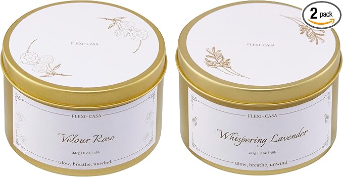 Lavender Rose Candle Set, Soy Wax Tin Candles, 2 Pack | 2-pack lavender and rose soy wax tin candles, 8 oz each, with floral scents and gift-ready packaging