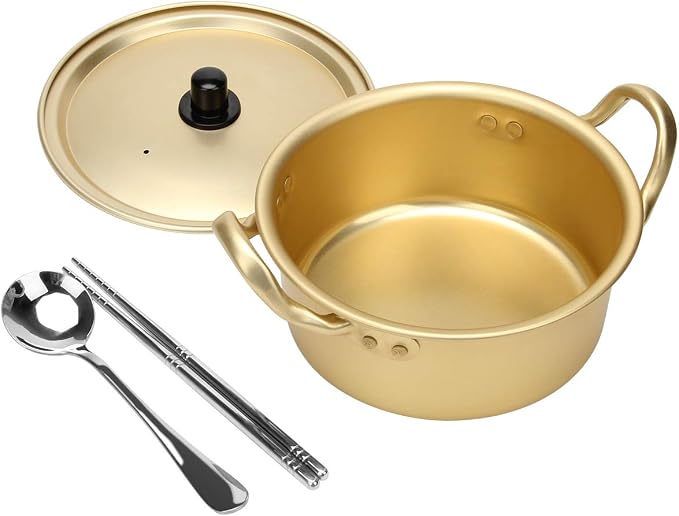 AHIER Korean Ramen Cooking Pot Set Noodle Pot with Lid, 6.3in | Spoon and Chopsticks (1pair), Double Handle, Fast Heating Stovetop for Kitchen Cookware Dorm and Camping