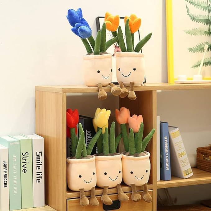 Smiling Tulip Plush Pot – Kawaii Plant Stuffed Toy for Girls, Cute Room Decor Pillow for Kids, Aesthetic Flower Plushie Gift, Soft Botanical Plush Toy for Bed, Desk or Nursery (Pink)