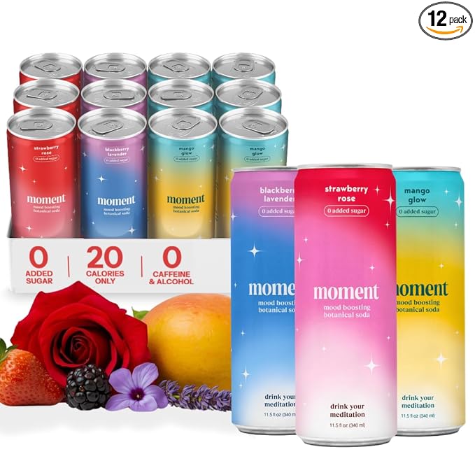 Moment Adaptogen Drink (Shark Tank) - Calm, Clarity & Relaxation with L-Theanine & Ashwagandha - Non Alcoholic Drinks for Adults - Sparkling Botanical Soda - 0 Sugar 0 Caffeine - 12 Pack 11.5 fl oz