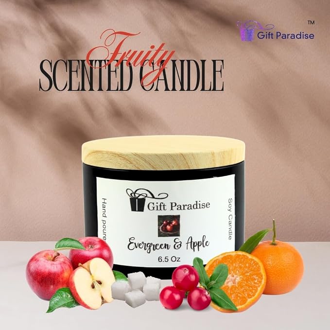 Evergreen & Apple Soy Wax Candle in Black Metal Tin, 6.5 oz, Cotton Wick, White Fir, Forest Apple