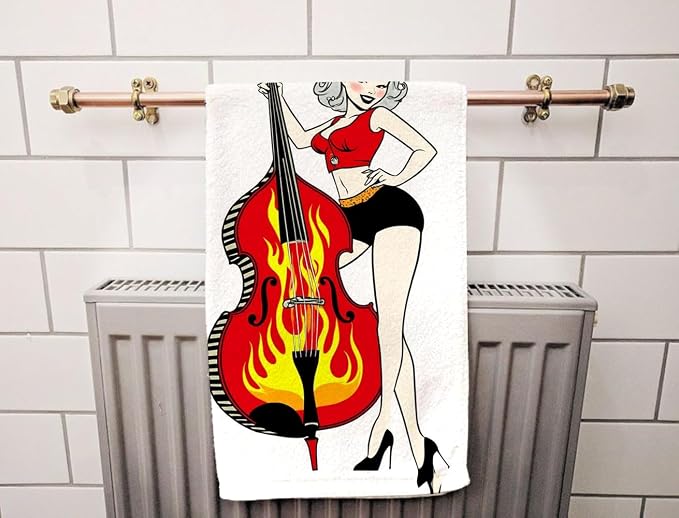 Rockabilly Pinup Girl Hand Towel Playing Double Bass with Flames Face Towels Suit Travel Sports Pool Swimming Bath Camping Spa Gym Yoga,15x30 Inch