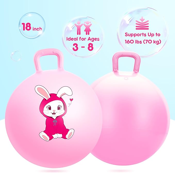 PlayZap Hopper Balls for Kids 3-8, 18 Inches Bouncy Ball with Handle, 18" Inflatable Bouncing Hopper, Pink Rabbit Jumping Toys, Garden Hopping Toys Girls Boys Gifts