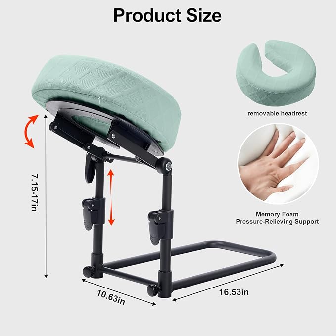 Massage Headrest for Bed with Adjustable Height, Memory Foam Face Cradle, Washable Pillowcase for Home (Green)