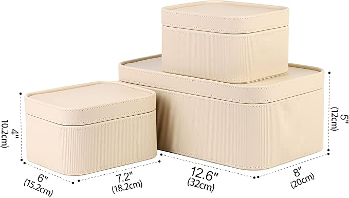 HofferRuffer Faux Leather Decorative Storage Boxes, Dust proof Storage Shelf Baskets with Lids Trays, Storage Bins Memory Box Organizer for Home, Office, Jewelry & More, Set of 3 (Beige)