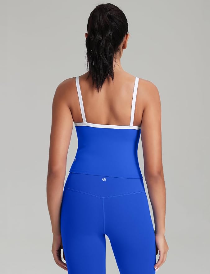 HeyNuts Vintage Color-Block Strappy Crop Tank Top for Womens, Cute Contrasting Trim Yoga Longline Sports Bras Padded A-D Cups