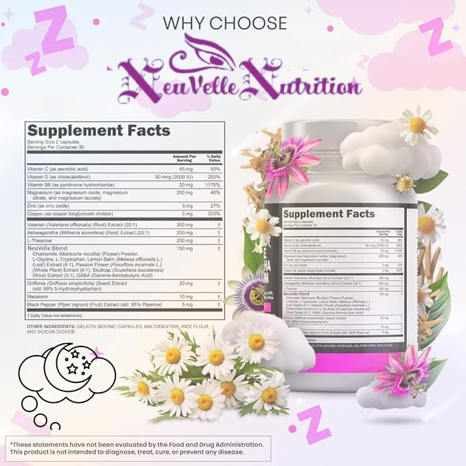 Melatonin Capsules with Valerian Root, Ashwagandha, L-Theanine, Magnesium, 5-HTP, GABA, Chamomile, Lemon Balm, Passion Flower, Griffonia Extract, Vitamin C & L-Glycine Supplement