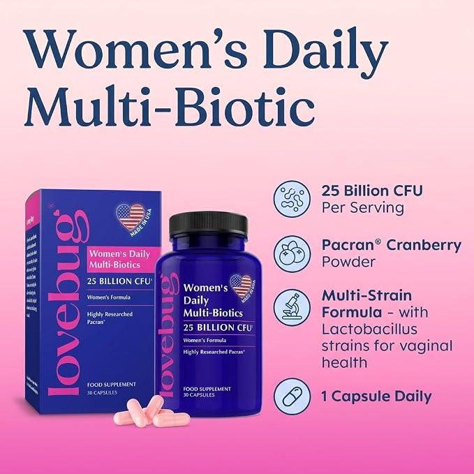 LOVEBUG Yeast + Vaginal pH Support | Clinically Studied Ingredients for Yeast & UTIs | Multi Strain 50 Billion CFU | 60 Capsules