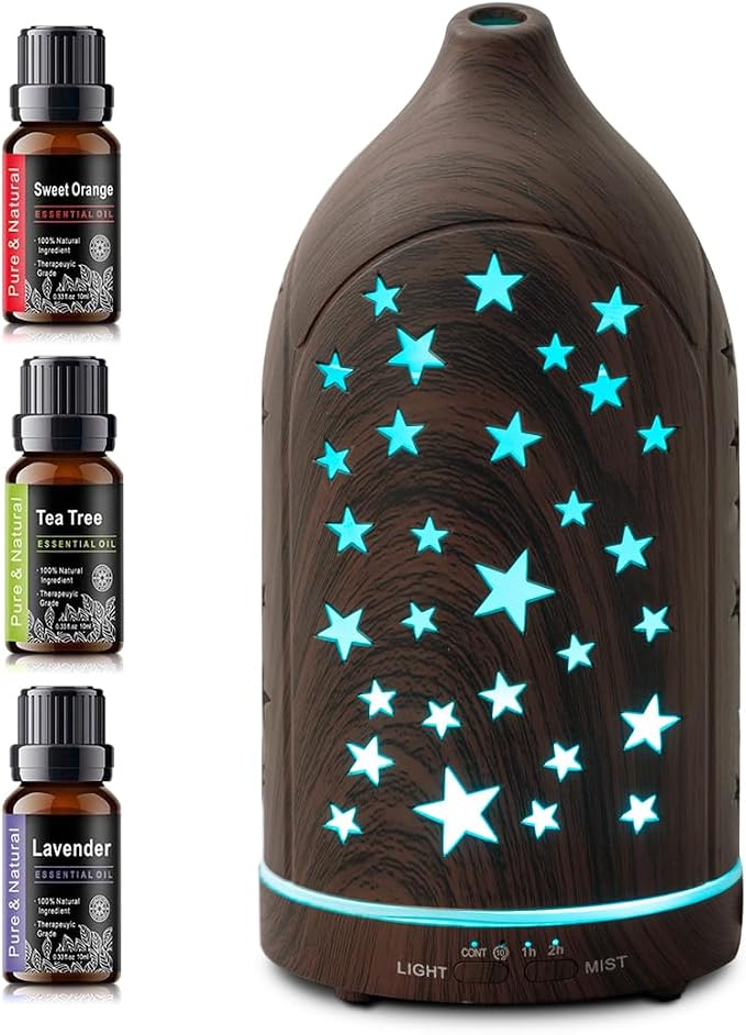 Aromatherapy Diffusers,7.1''x3.5''Diffuser with 3 Essential Oil Set | 200ml Office Desk Humidifier with 7 LED Colors Night Lights,Automatic Shut-off for Small Space Home Decor Gift(Star)