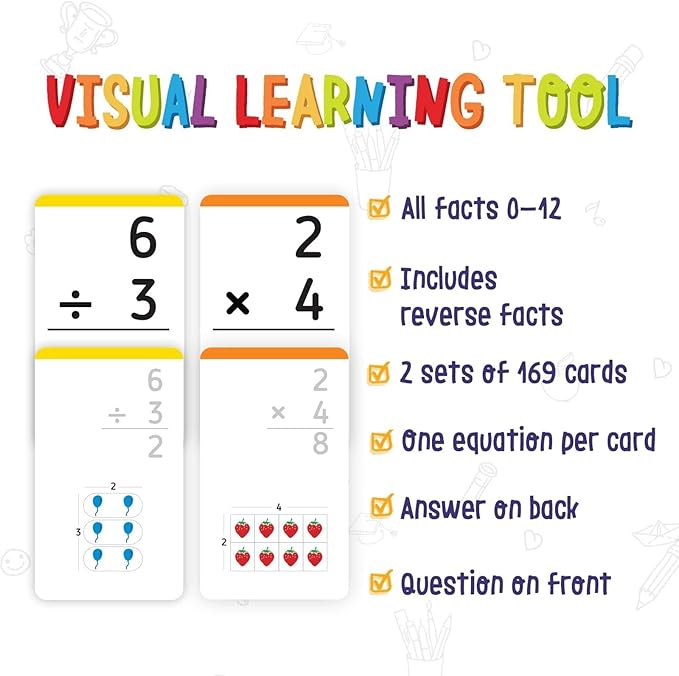 Merka Division & Multiplication Flash Cards - 2 Sets (338 Total Cards), Multicolor - Multiplication Facts to 12 for 3rd Grade - Division Flashcards with Dots for Visual Learning