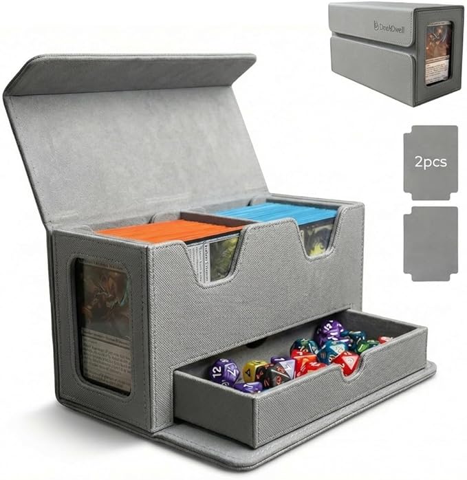 Card Deck Box Fits 200+ Double Sleeved，Commander Deck Box for Magic the Gathering with Dice Tray & Toploader Display,2 Dividers