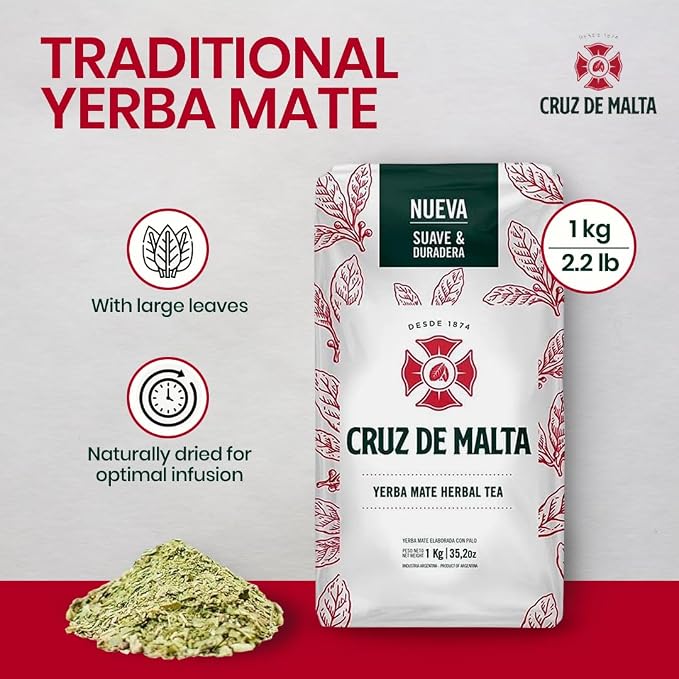 Cruz de Malta Yerba Mate Tea – 1kg (2.2 lbs) Loose Leaf – Traditional Argentine Herbal Tea – Smooth Flavor, Naturally Sourced – USA Specific Packaging – Gluten-Free – Large Leaf Low Dust Yerba Mate