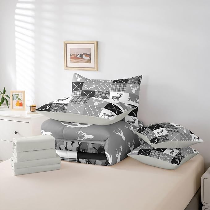 Feelyou Hunting Camo Deer Full Comforter Set with Sheets for Kids Boys Girls Camouflage Hunter 7 Pieces Bedding Set Rustic Western Wildlife Animal Bed in a Bag Room Decor Soft