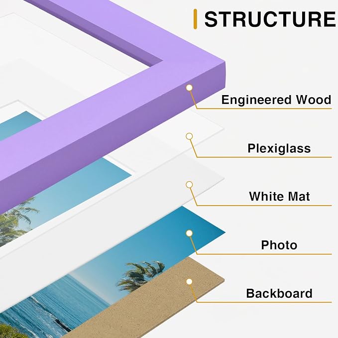 Vittanly 8x10 Picture Frames Set of 9 for Wall or Tabletop Display, Purple | Display Pictures 5x7 with Mat or 8x10 without Mat, Small Photo Frames, Engineered Wood with Shatter Resistant Plexiglass