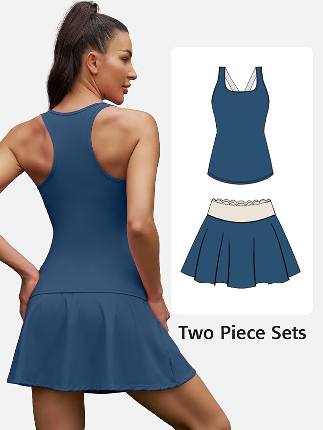 ATTRACO Tennis Outfits for Women Racerback Golf Dress Workout Dress | Athletic Skirt Set, Built-in Shorts, 2 Pockets, Scalloped, Racerback, High Waisted, Pickleball, Workout Set