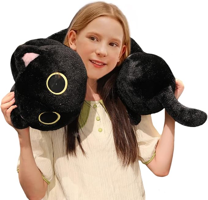 ELAINREN Furry Black Kitten Stuffed Toy Ultra-Soft Cat Big Plush Hugging Pillow Cuddle Kitty Plushie Cushion Decor Gifts/31.5''