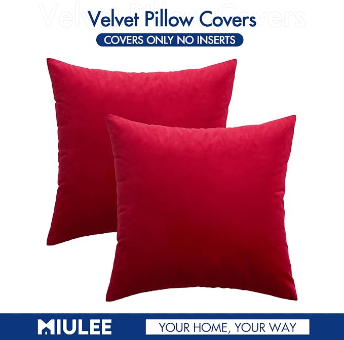 MIULEE Velvet Throw Pillow Covers 18x18 Inch Pack of 2 Red | Soft Solid Decorative Pillow Covers, Modern Luxury Home Decor, for Couch Chair Sofa Bedroom Livingroom