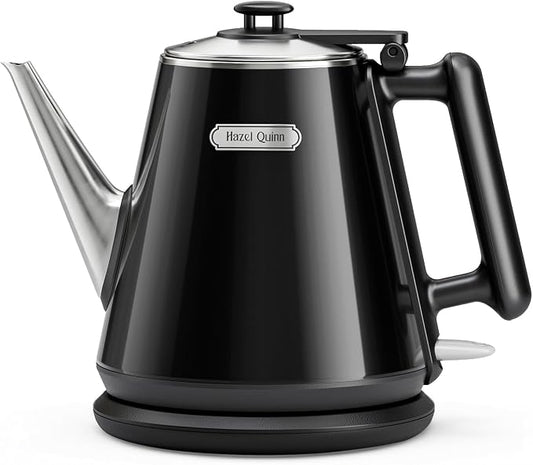 Hazel Quinn Electric Kettle - 1L/34oz Small Tea Kettle, 800W Fast Boil, All 304 Stainless Steel Interior, Double Wall for Cool Touch and Thermal, Auto Shut-Off, BPA-Free, Cordless - Jet Black