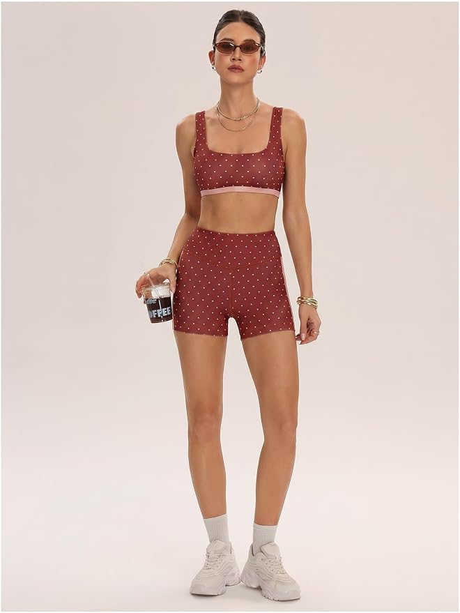 Milumia Women's Polka Dots Workout Set 2 Piece Color Block Bra Tank High Waisted Biker Shorts Layered Matching Yoga Outfit