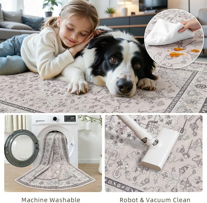10x14 Area Rug for Living Room: Vintage Boho Neutral Washable Rug Indoor Soft Large Area Rug Carpet for Bedroom Nursery Farmhouse Dining Room Office Floor Non-Slip Low Pile Under Table Beige & Grey