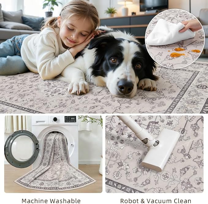 Area Rugs 9x12 Living Room: Vintage Boho Neutral Washable Rug Indoor Soft Large Area Rug Carpet for Bedroom Nursery Farmhouse Dining Room Office Floor Non-Slip Low Pile Under Table Beige & Grey