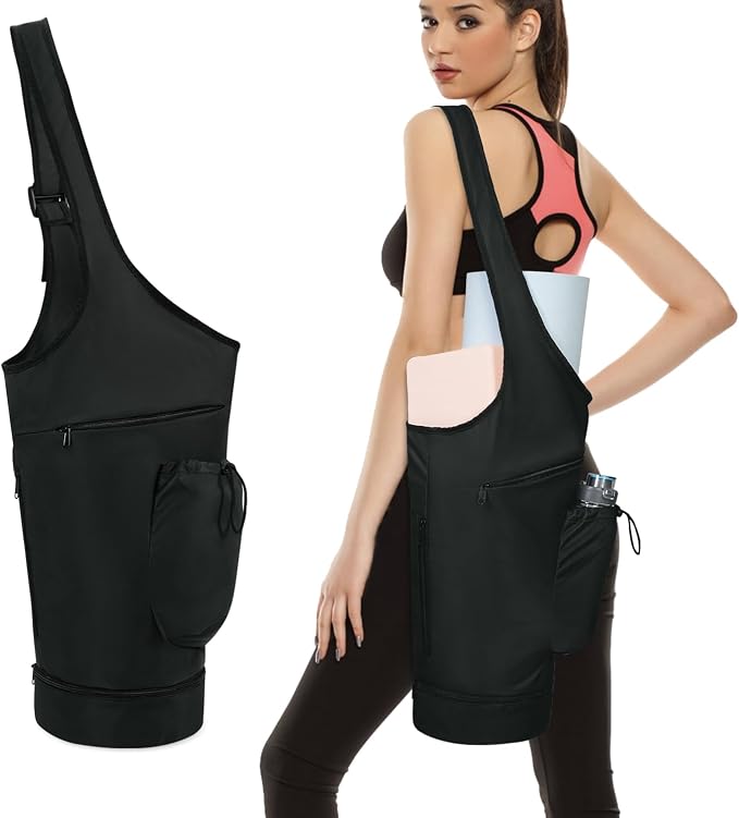 sportsnew Yoga Mat Bag, Large Opening Long Tote Yoga Mat Carrier Holder Bag with Waterproof Wet Pocket and Drawstring Water Bottle Pocket, Adjustable Shoulder Strap Storage Bag, patent pending