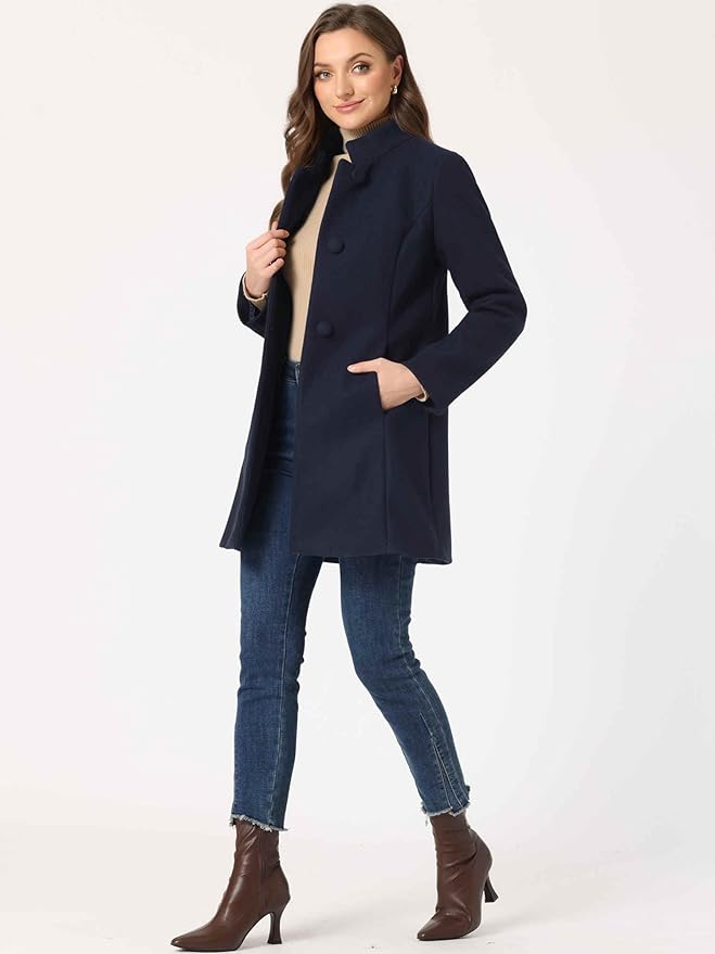 Allegra K Women's Winter Overcoat Mid-Long Stand Collar Single Breasted Coat Outerwear
