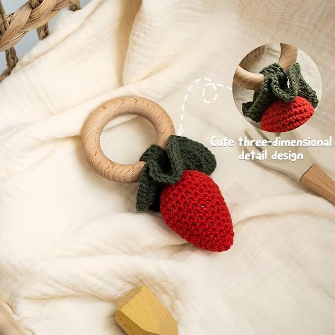 Wooden Baby Rattle Toys Stuffed Crochet Rattle with Teether Ring for Newborn Babies Fruit Wooden Teether Toy Infant Toddler Handcrafted Crochet Rattles Cute Shower Gifts for Boy and Girls