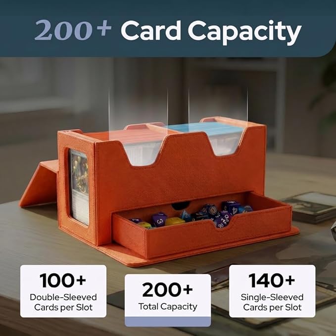 Card Deck Box Fits 200+ Double Sleeved，Commander Deck Box for Magic the Gathering with Dice Tray & Toploader Display,2 Dividers