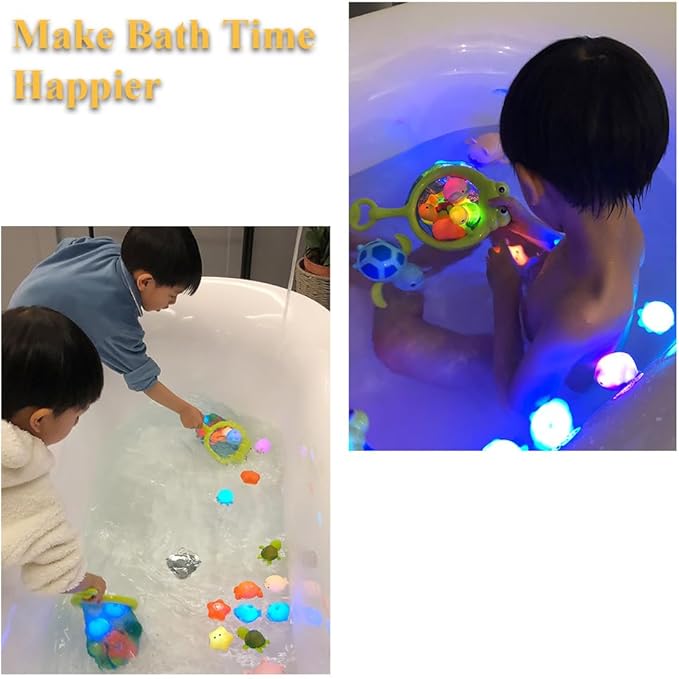 Fishing Bath Toy Set, Glowing Animal Tub Toy No Hole Light Up Bathtub Toy Luminous Ocean Animal Floating Toy Bathroom Fishing Game Bath Toy with 1 Frog Fish Net and 4 Animal (B)