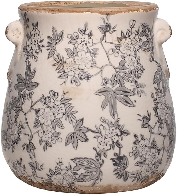 Rustic Farmhouse Ceramic Flower Pots, Vintage Antique Crock Planter & Vase | Terracotta Pots for Indoor/Outdoor, Handmade Crackle Glaze Terracotta Pottery, Home Kitchen Office Decor, Gardening Gifts