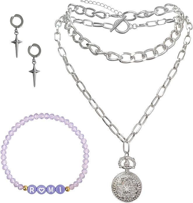 Demon Kpop Rumi Jewelry Set – Chain Necklace, Cross Earrings & Elastic Glass Bead Bracelet with RUMI Letters, Fan Inspired Costume Accessories