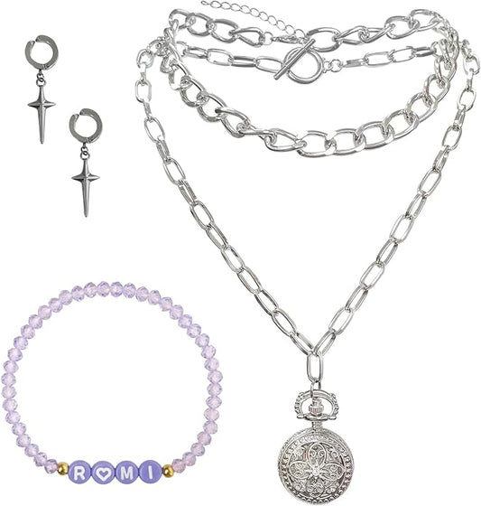 Demon Kpop Rumi Jewelry Set – Chain Necklace, Cross Earrings & Elastic Glass Bead Bracelet with RUMI Letters, Fan Inspired Costume Accessories