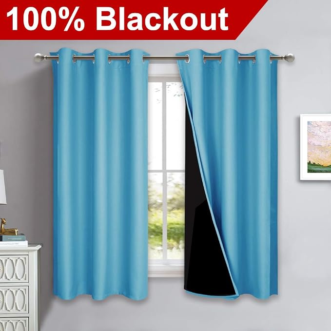 NICETOWN 100% Blackout Curtains 45 inches Long, Teal Blue, 1 Pair, 42 inches Width Each Panel, 2 Thick Layers Completely Blackout Window Treatment Thermal Insulated Lined Drapes for Small Window