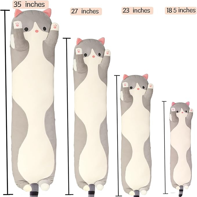 Grey Cat Long Plush Pillow Cat Stuffed Animals Soft Sleeping Throw Pillow Doll ((Grey,19inches)