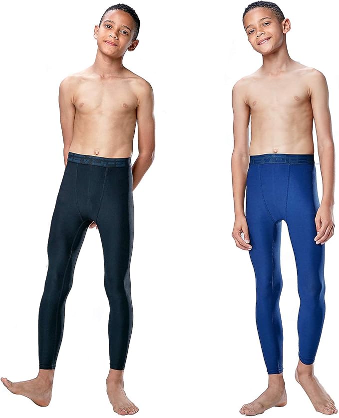 DEVOPS 2 Pack Youth & Boys Thermal Compression Baselayer Sport Tights Fleece Lined Pants & Long Sleeve Top